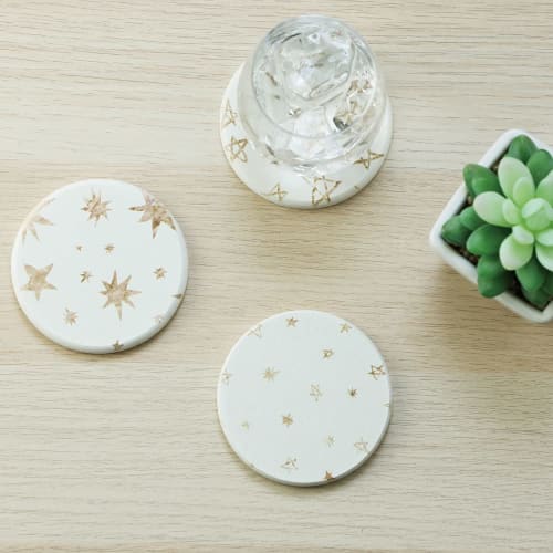 &NE Diatomaceous Earth Print Coaster, Gold Star Small, Asbestos-Free, Tested, Absorbent, Quick-Drying, Clean, Hygienic, Printed Glass Coaster, Stylish