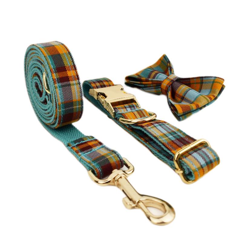 Green Plaid Plain Cloth Pet Collar Velvet Leash, Anti-Break Free Dog Leash Leash Dog Chain Dog Collar