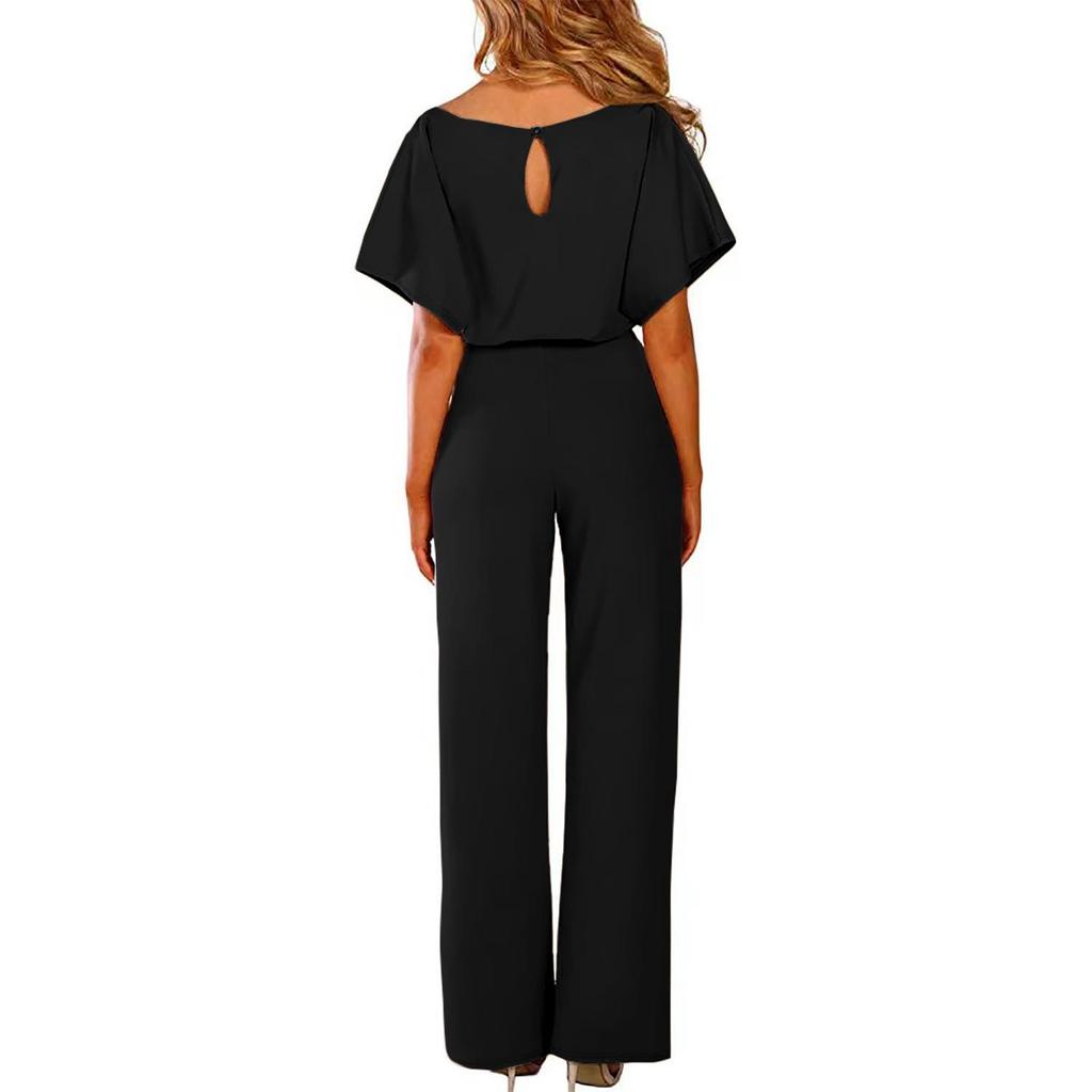 Solid Color Short-Sleeve Tie-Sleeve Romper Jumpsuit