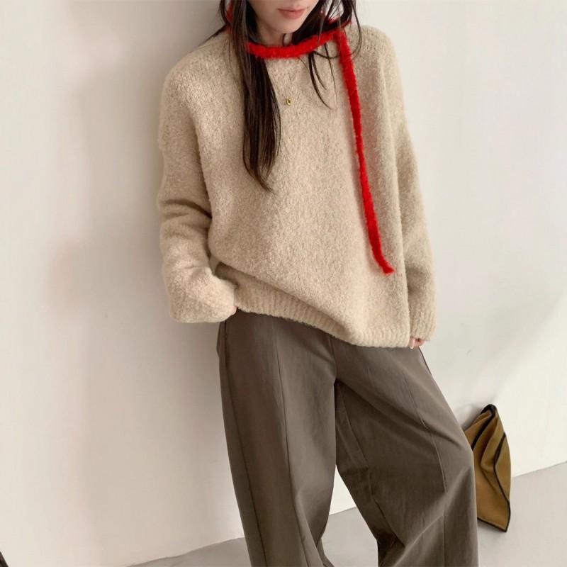 Soft Fuzzy Loop Yarn Knit Sweater Women Loose Fit Round Neck Long Sleeve Winter Warm Cozy Pullover