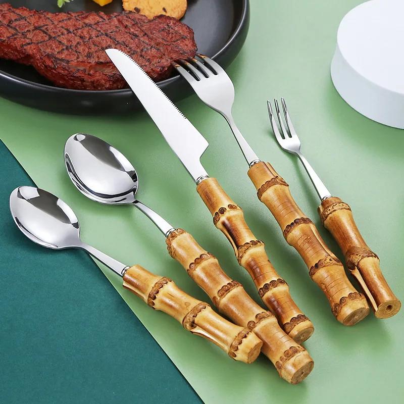 20/30pcs Bamboo Tableware Set Stainless Steel Nature Handle Retro Dinnerware Cutlery Steak Knives Table Fork Spoon Dessert Gift