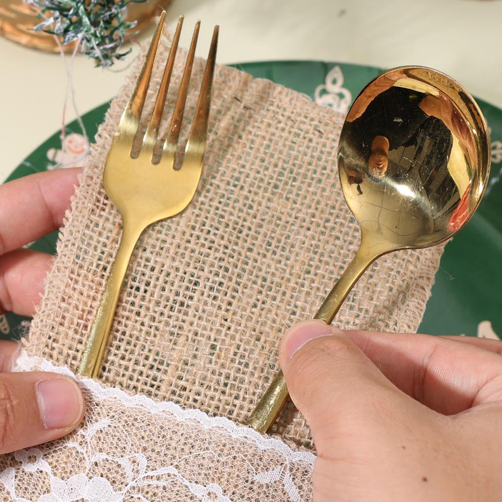 Natural Burlap Lace Utensil Holders Linen Cutlery Holder Covers Knife Fork Pockets Bags Christmas New Year Dinner Table Decor