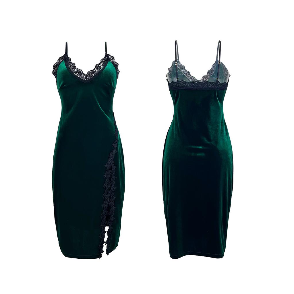 Sexy deep v pajamas women's long suspender nightgown velvet lace seduction backless