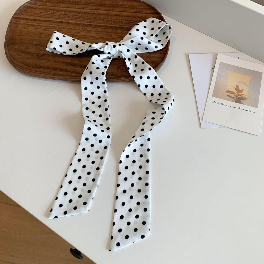 Women's French Retro Black Polka Dot Silk Scarf - 2025 High-End Layered Ribbon Hair Tie & Square Scarf Accessory