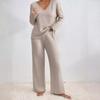 Autumn and Winter Women's Knitted Pit Stripe Milled Long Sleeve Suit V-Neck Loose Casual Pant Suit