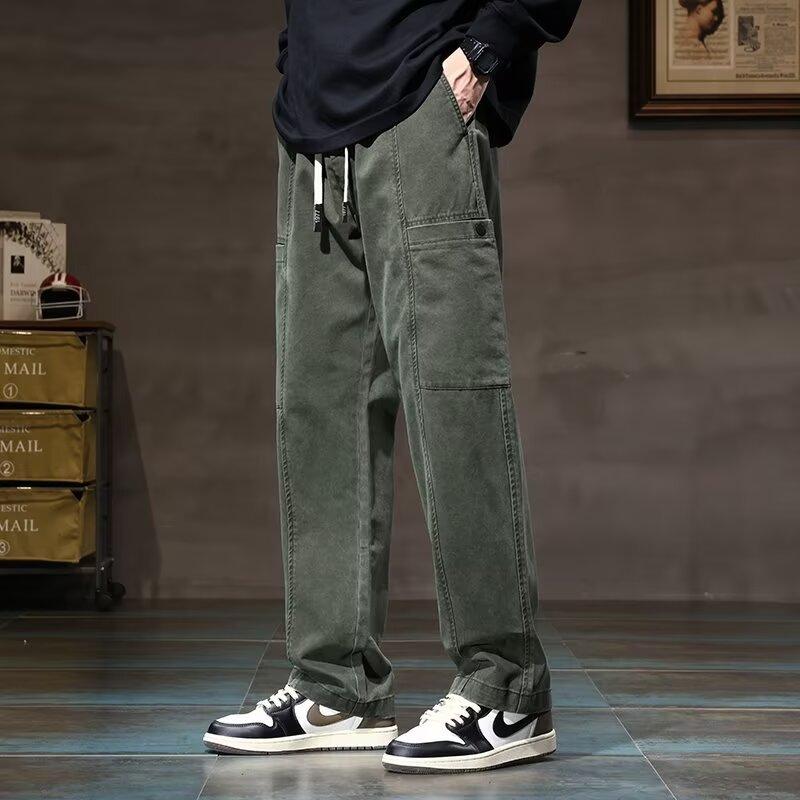 

Casual Pants Men s Spring and Autumn New Loose Trendy Brand Straight Tooling Men s Trendy Brand Long Pants 3XL зелений