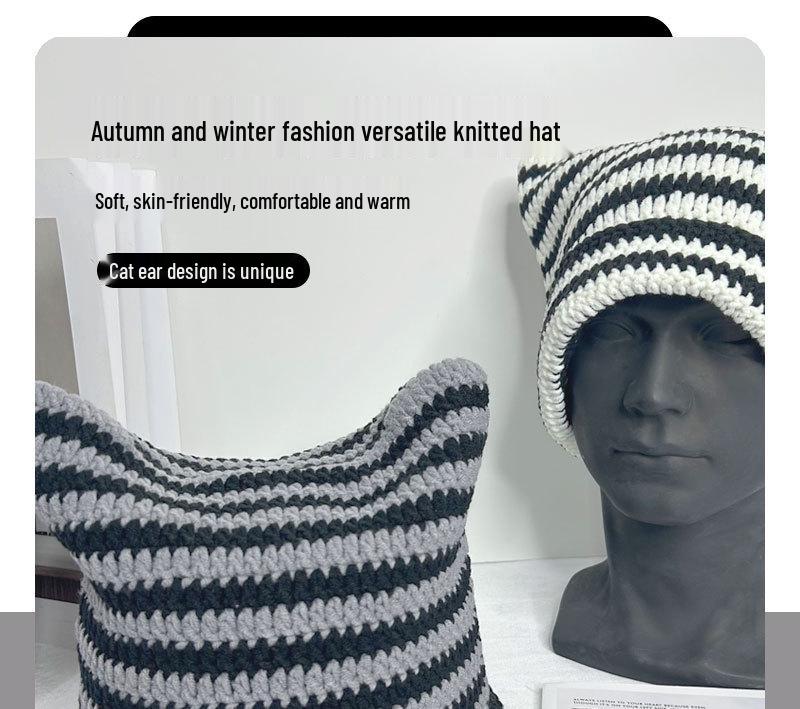 Autumn-Winter Striped Woolen Hat with Cute Cat Ears - Fashionable, Versatile Devil Design.