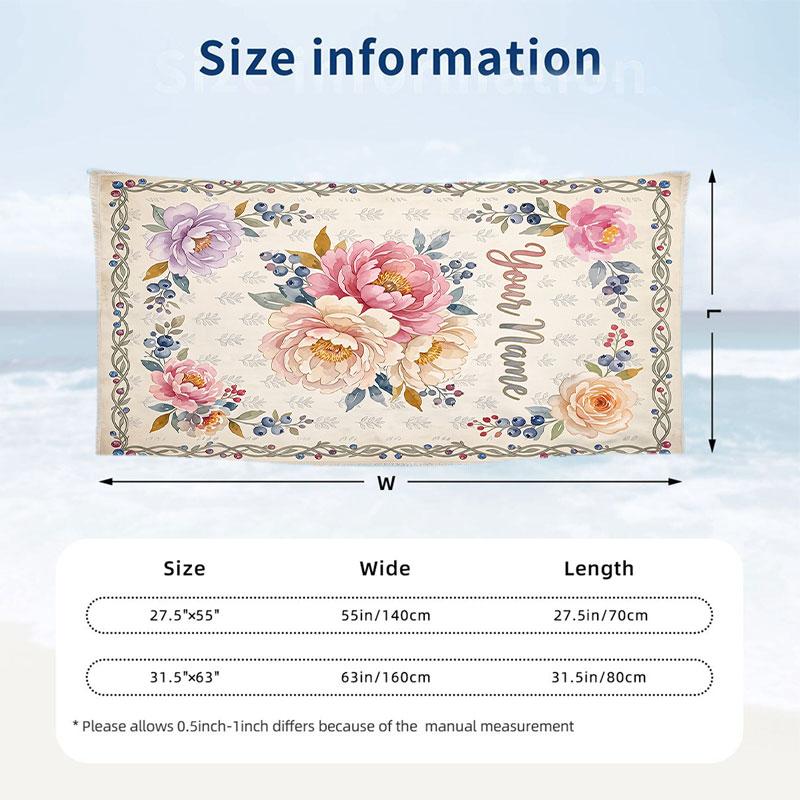 Floral Garden Theme Beach Towel Personalized Custom Name & Text Soft Quick Dry Beach Towel for Swimming Travel