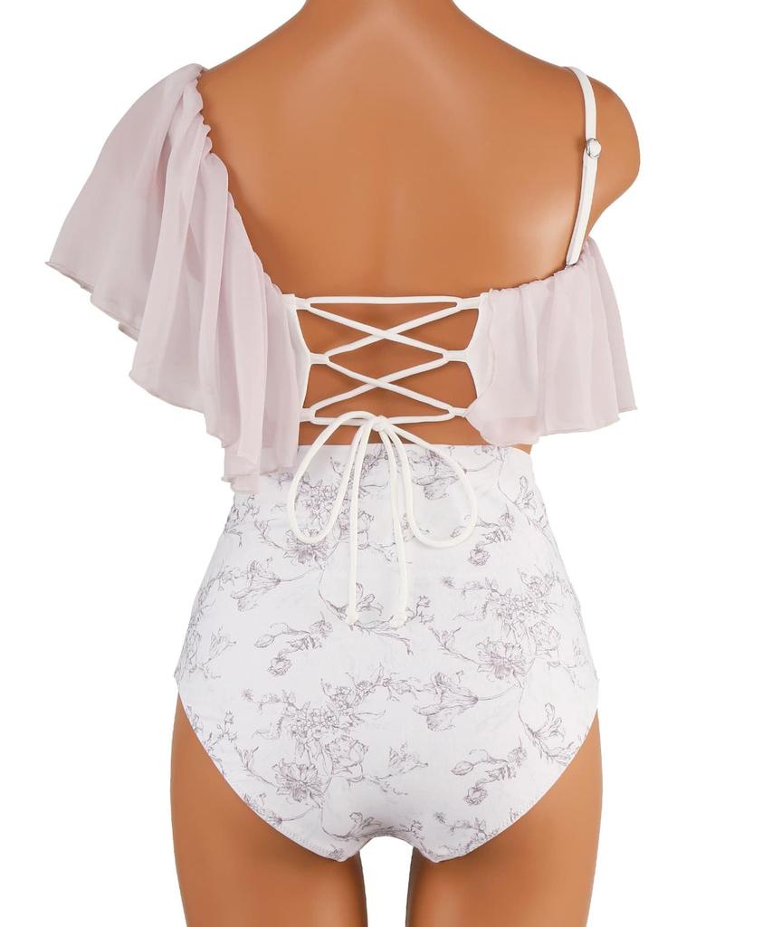 Swimwear Bikini Lightweight and Comfortable To Ruffled Wire Pink [Sanai Paradise] Set, Wear, [Easy-to-wear Swimsuit] One-shoulder Bikini,