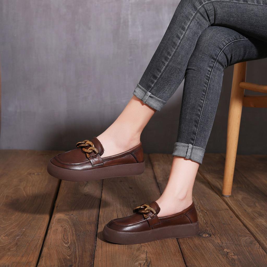 First layer cowhide loafers women's retro washed handmade leather women's shoes women's British style spring and autumn new single shoes