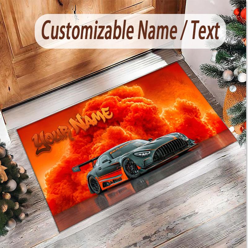Car Racing Theme Soft Crystal Velvet Rug Custom Name & Text Print Non Slip Floor Rug for Bedroom Living Room