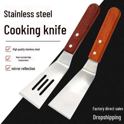 Espátula para Teppanyaki y Pizza de Acero Inoxidable con Mango de Madera - Espátula para Bistec y Frituras con Diseños Oblicuos y Perforados