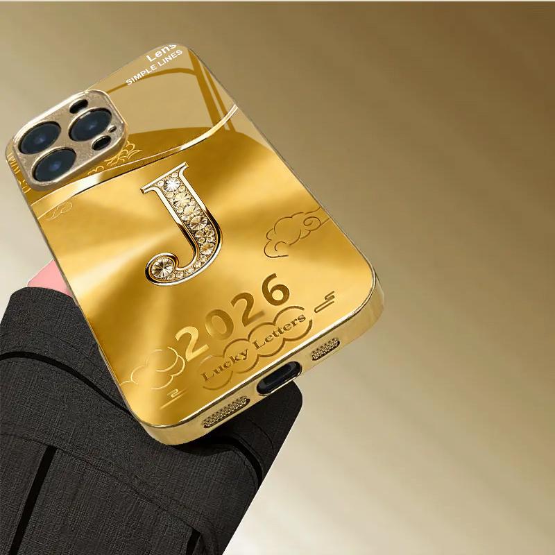 Tempered Glass Phone Case Luxurious PhoneCase Letter“J" Gold Pattern Design For Iphone 17 Air 16 Pro 15 ProMax 14 13 12 11 Plus