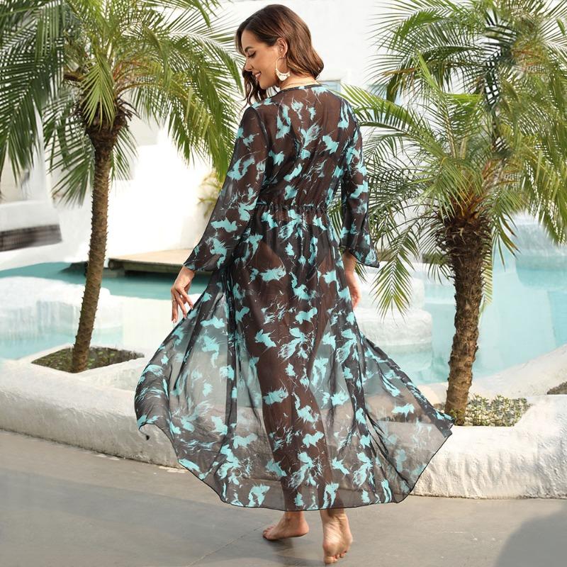 

Женская пляжная накидка с шалью от солнца, кардиган, приморская пляжная длинная солнцезащитная одежда с принтом L