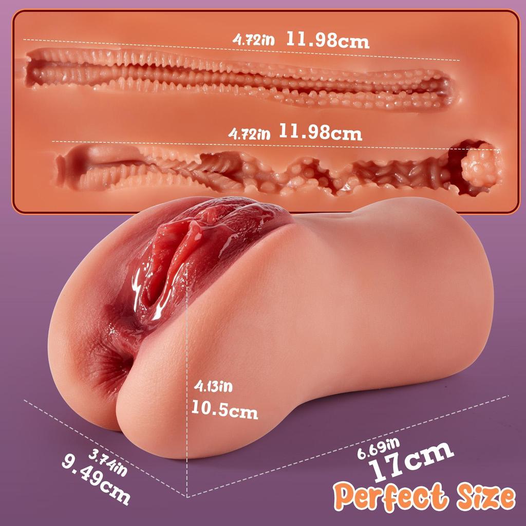 Kjøttfarge realistisk mannlig onani, 3D kvinnelig rumpestrukturlomme pluss fitte, mannlig onani med forførende vagina og stramt harem