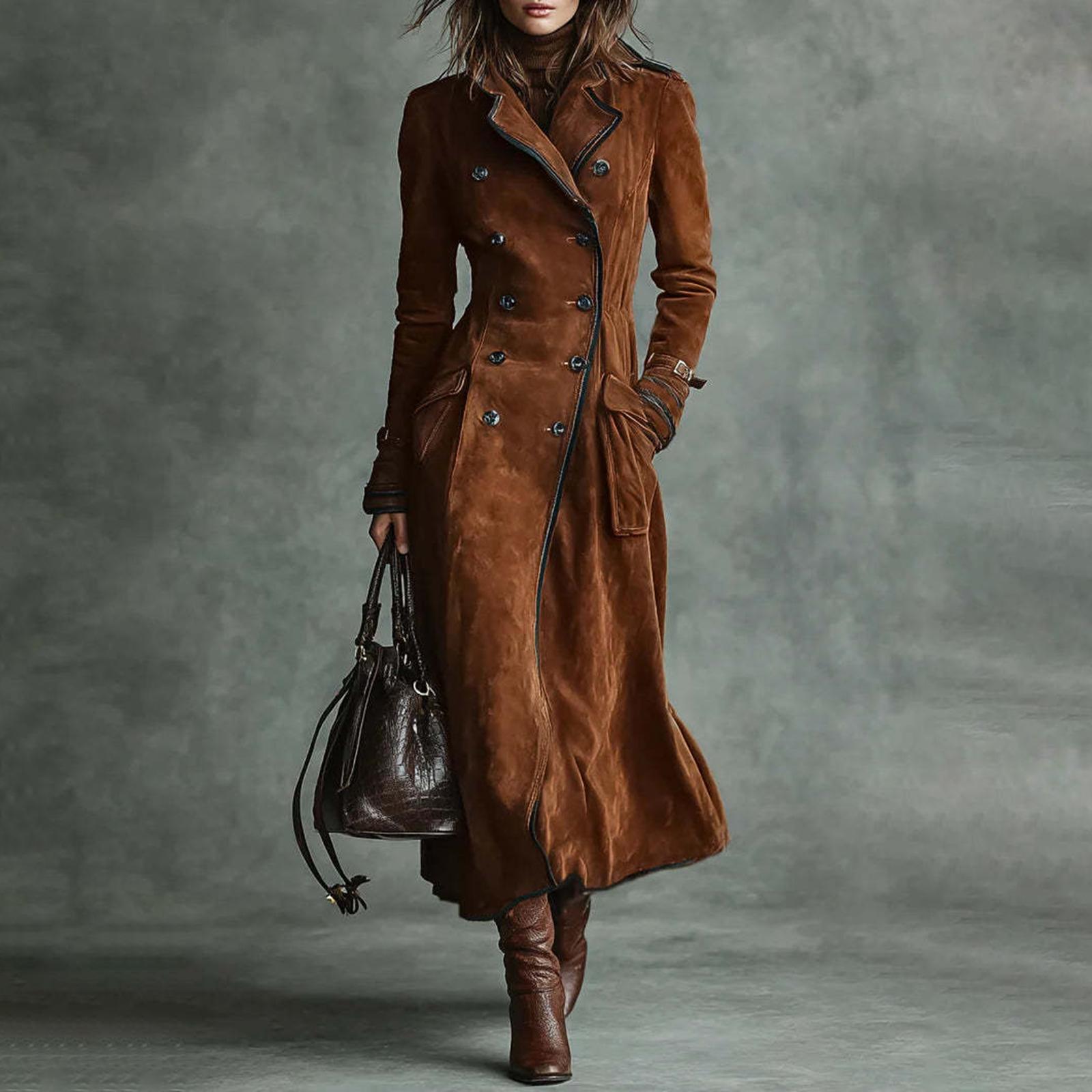 

Women s Long Sleeved Elegant Coat With A Collar And Solid Color Suede Long Windbreaker Jacket XL