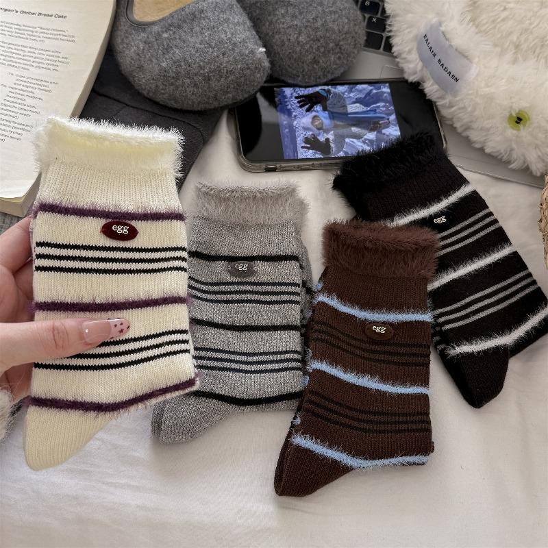 Mink Fur Striped Socks for Women in Autumn and Winter, Button Cotton Mid-calf Socks, Retro Flocking Pile Socks for Warmth