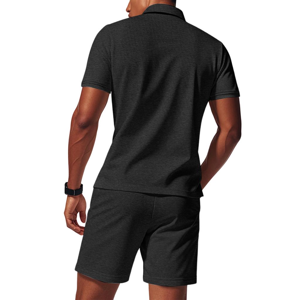 Men's  Sports  Leisure  Half  Zipper  Short  Sleeves  Shirt   And  Pull  Rope  Shorts  Set
