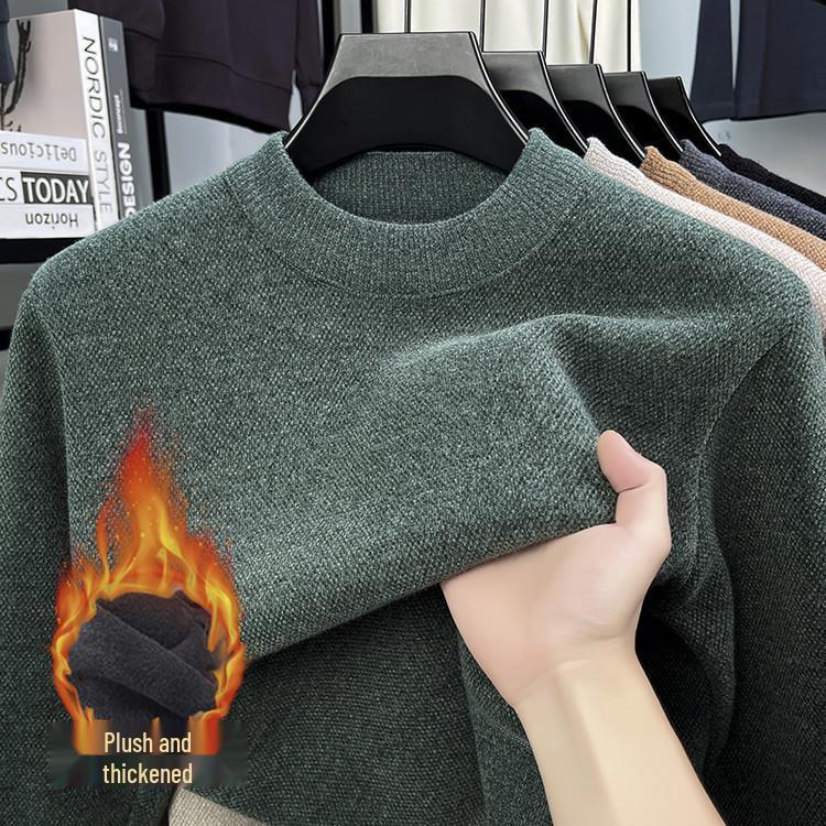 Herren Strickpullover mit Fleecefutter - Faux Nerz Kaschmir, Unifarben, Rundhalsausschnitt, Warme Herbst-/Winter-Herrenbekleidung