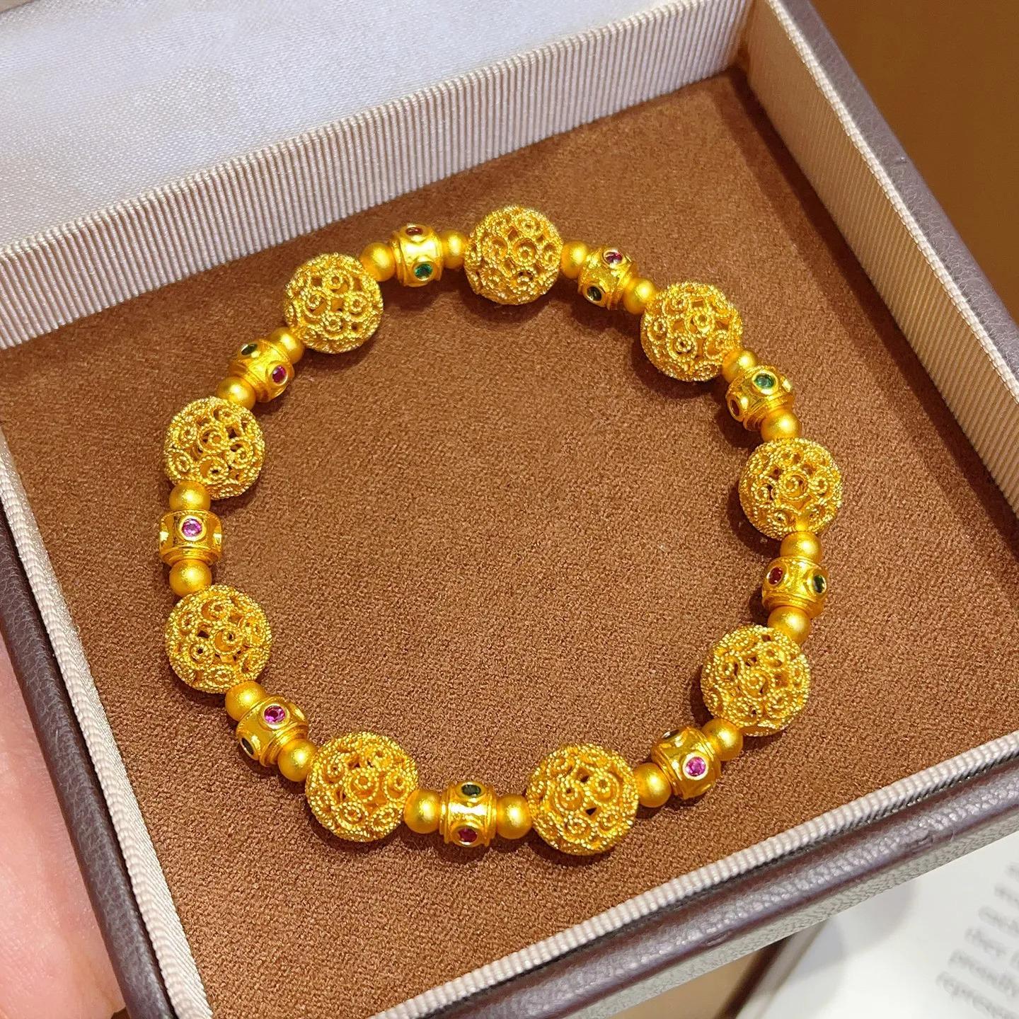 Эмалированный ажурный браслет с гортензиями для женщин, 24K золото AU999 - Наслаиваемый эмалированный браслет, Модный стиль для сочетания 17.5-18cm золотой