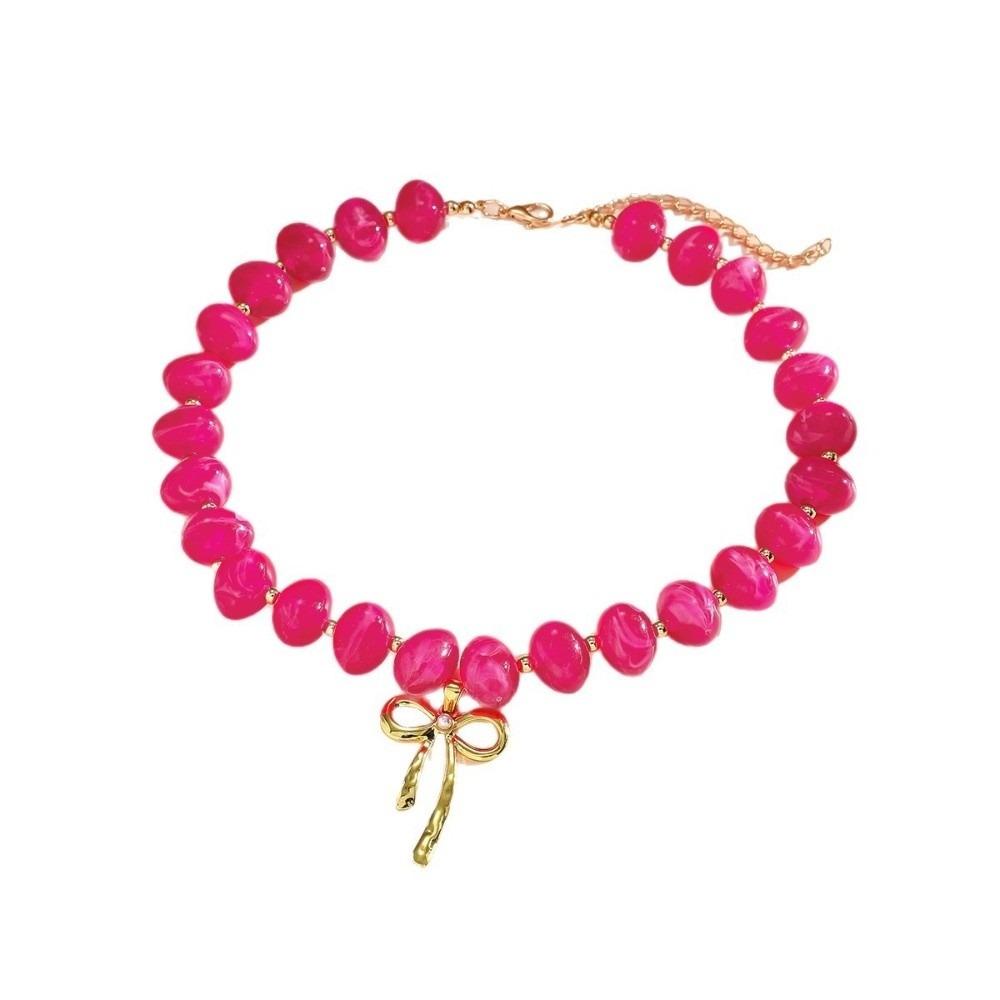 Fashion Resin Beaded Necklace Round Multicolor Bow Pendant Choker Jewelry Boho Women Clavicle Chain Travel