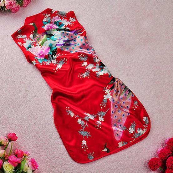 Elegant Children Girls Chinese Cheongsam Dress With Floral Peacock Pattern Sleeveless Summer Wear
