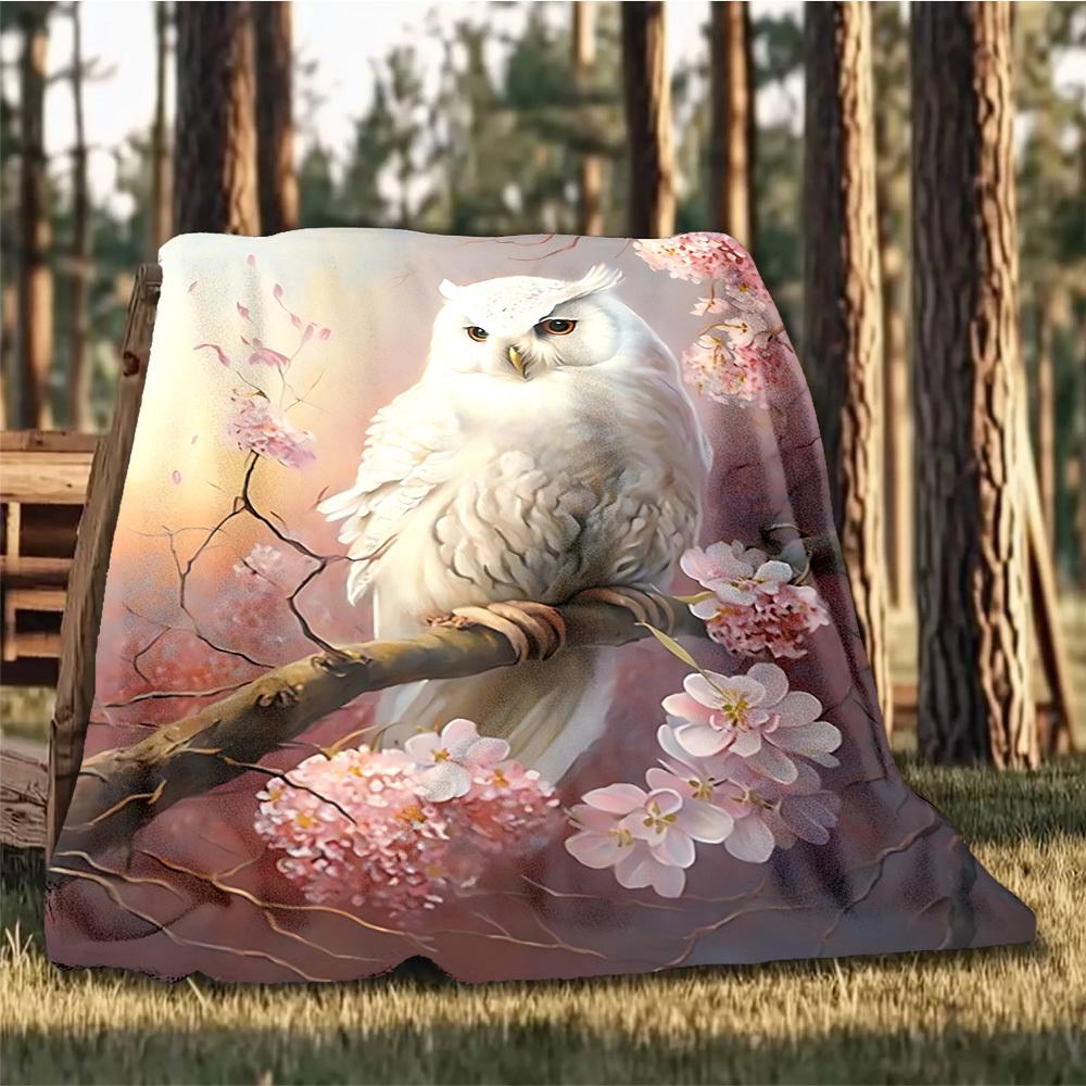 1pc Cherry Blossom Owl Outdoor Blanket - Lightweight Flannel Throw For Travel, Camping, Livingroom, Couch, Chair yy251114196