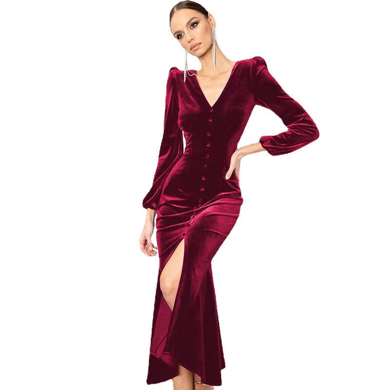 Knitted V-neck Padded Shoulder Long Sleeved Dress Women's Intellectual Temperament Dress Long Skirt
