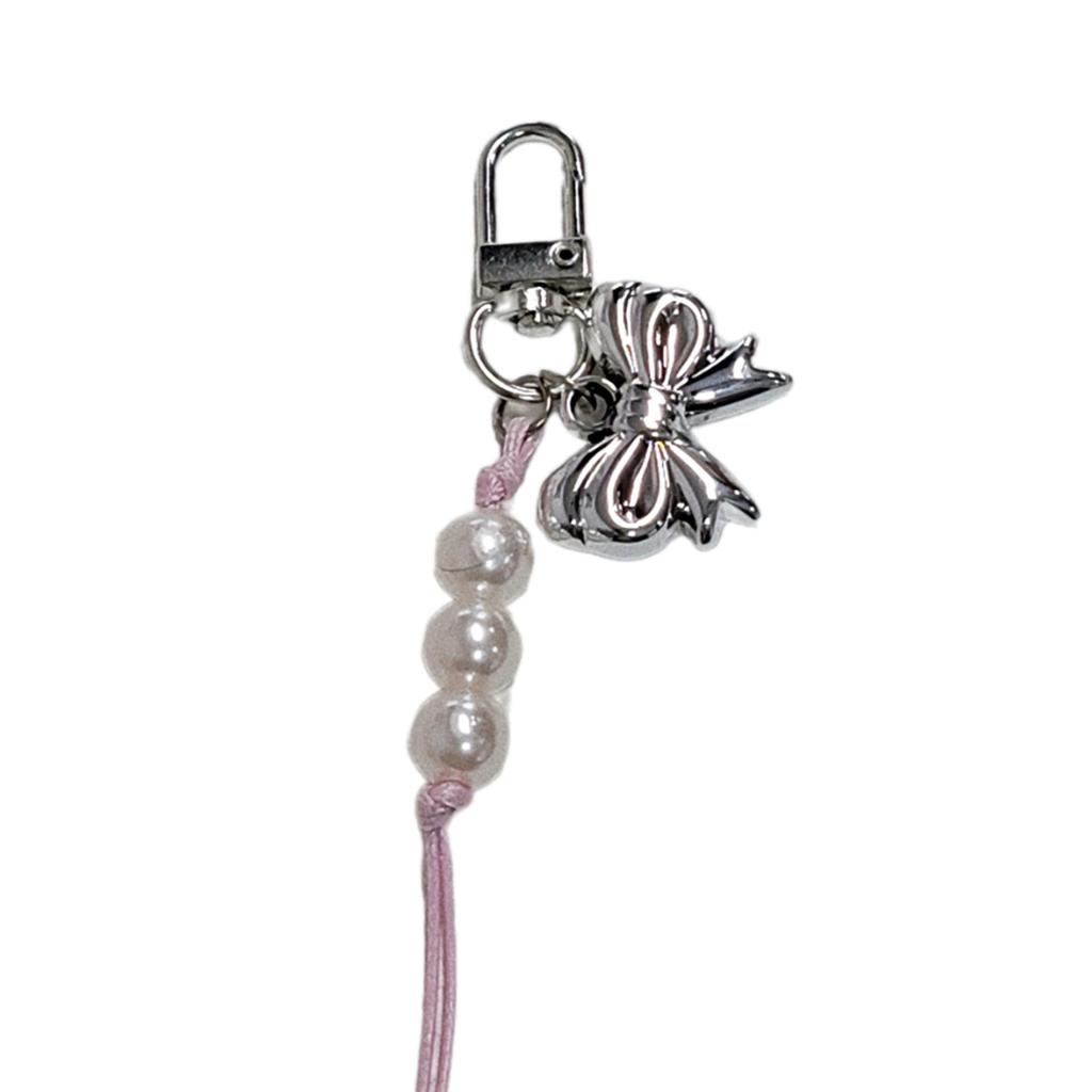 Stylish Bowknot Heart Pendant Pearl Beads Cellphone Lanyard Stylish Bag Accessory Lovely Keychain Jewelry for Girls