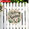 2D Flat 20*20cm1pc Hello Spring Green Leaves and Flowers Patterns Wooden Hanging Sign Spring Rustic Round Art Plaques Sign for Toilet Home Living Room