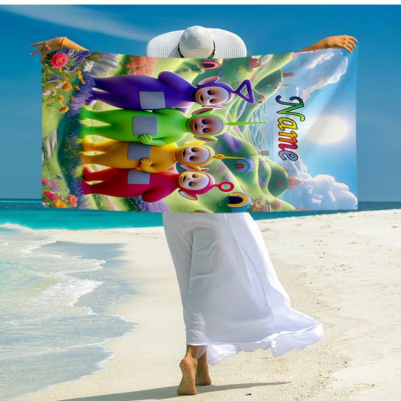 Custom Name Ultra-Soft Beach Towel with Teletubbies Theme,Ideal for Pool - Camping, Diving - Perfect Travel Essential, Vibrant Beach Towel.