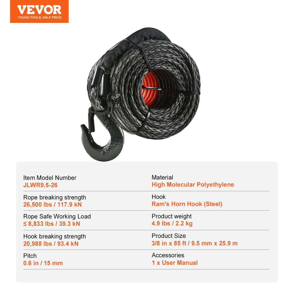 VEVOR Synthetic Winch Rope, 9.5 Mm X 25.91 M 12,020 Kg Synthetic Winch Line Cable Rope with Protective Sleeve + Forged Winch Hook + Pull Strap