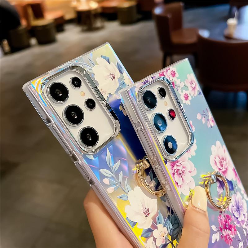 Diamond Ring Phone Holder Raser Case for Samsung A25 A54 A55 A15 A35 A14 A34 S24 Plus S22 Ultra S23 FE Flower Leaf Bling Cover