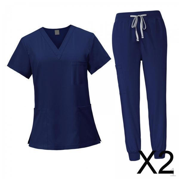2x Women Uniform Scrubs Set Top And Pants V Neck Comfortable with Pockets Work Clothing Nurse