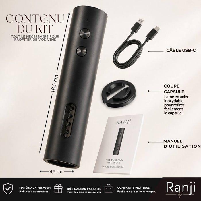 Tire bouchon électrique - RANJI - Rechargeable USB-C - Coupe-capsule inclus - Vis acier inoxydable - Compact noir