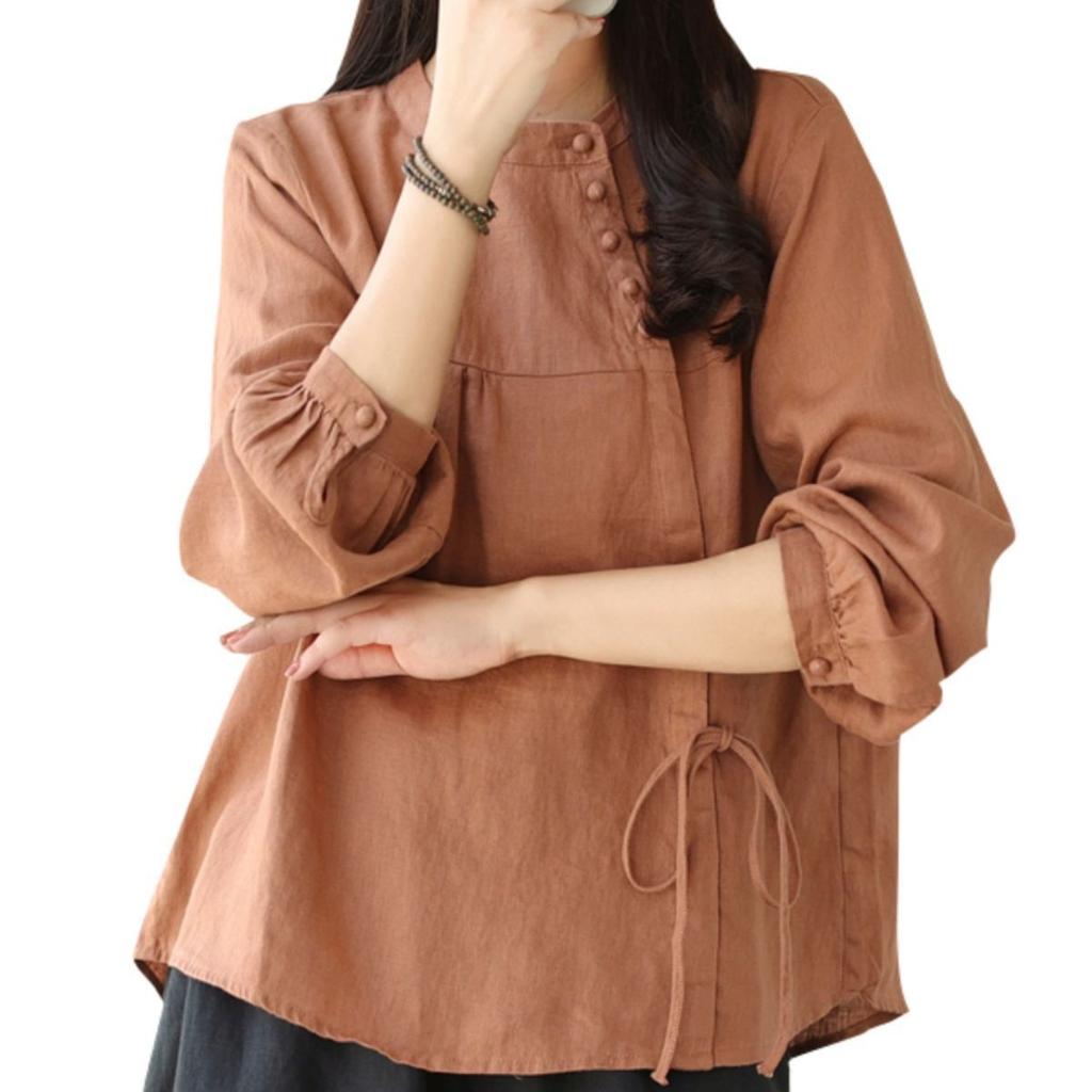 Literary and Art Foreign Trade Retro Women's Loose Spring and Autumn Shirt Diagonal Long-sleeved Temperament Cotton and Linen Blouse Shirt