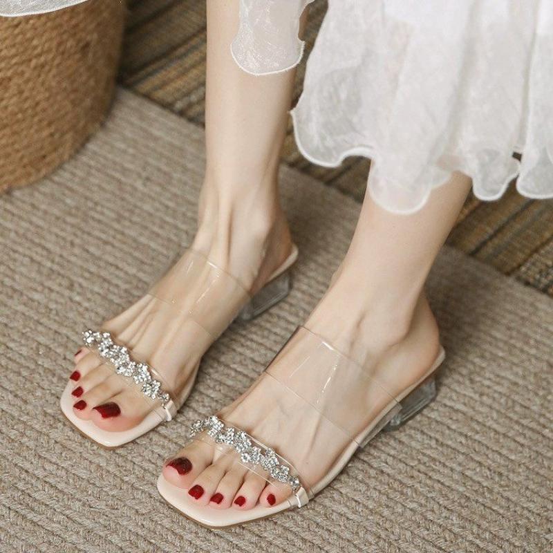 Fashion 2025 New Chinese style women's shoes transparent block heel temperament sandals new summer rhinestone sandals