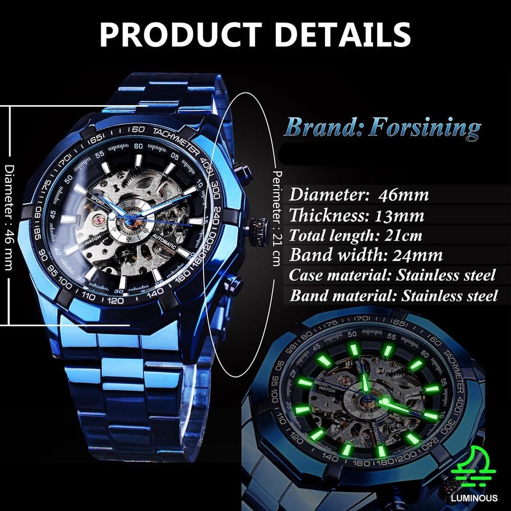 Forsining Men's Automatic Skeleton Watch Hollow Mechanical Luxury Blue Black Stainless Steel Waterproof Modern Wristwatch