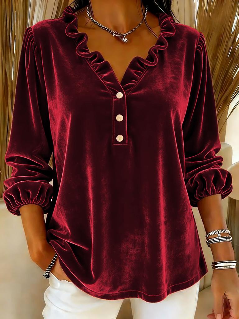2026 Cross-border Amazon Foreign Trade Short Velvet Pullover V-Neck Fashion Casual Commuter Button Long Sleeve Women's Clothing
