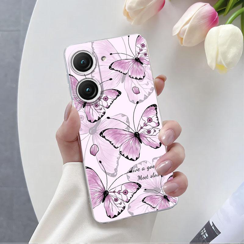 Per Custodia Asus Zenfone 9 10 Custodia Lussuosa Per Asus Zenfone 10 Marmo Fiore di Farfalla Cover Protettiva Trasparente in Silicone Morbido