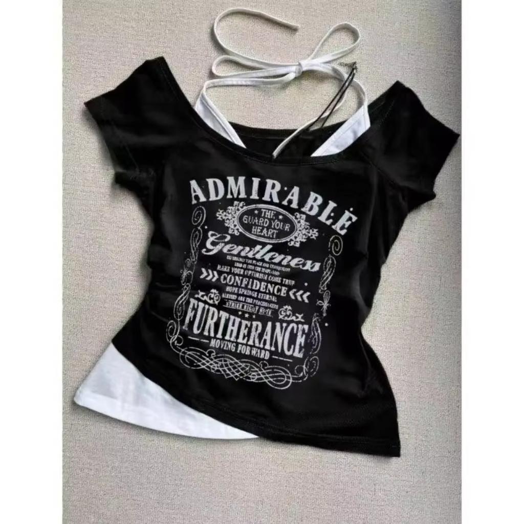 Camisetas de verano de dos piezas con cuello halter y vendaje estilo vintage, camisetas Y2k estéticas ajustadas, camisetas sexis informales con estampado grunge para mujer