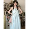Women's Seaside Stripe Spaghetti Strap Maxi Dress - 2025 Summer French Style, Loose Fit, Petite