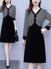 Women's Houndstooth Velvet Patchwork High Waist Midi Dress