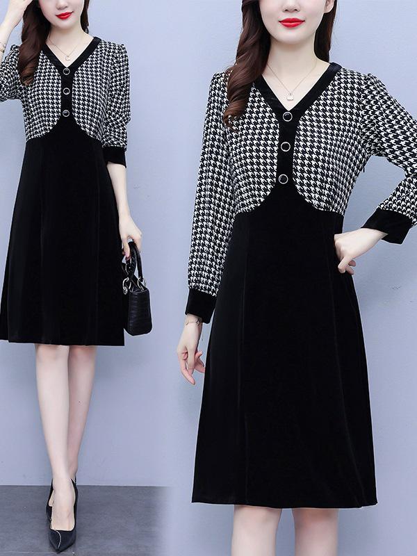 Women's Houndstooth Velvet Patchwork High Waist Midi Dress