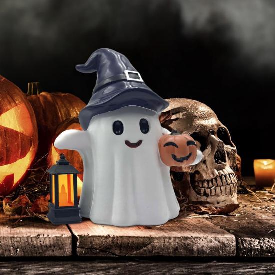 Solar Cute Ghost Statue Halloween Desktop Ornament Weather-Resistant Handmade Resin Pumpkin Ghost Figure with Light