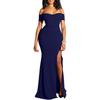Independent Station European and American Foreign Trade Evening Dress Women's Banquet Temperament Low Chest One Word Shoulder High Split Sexy High-end