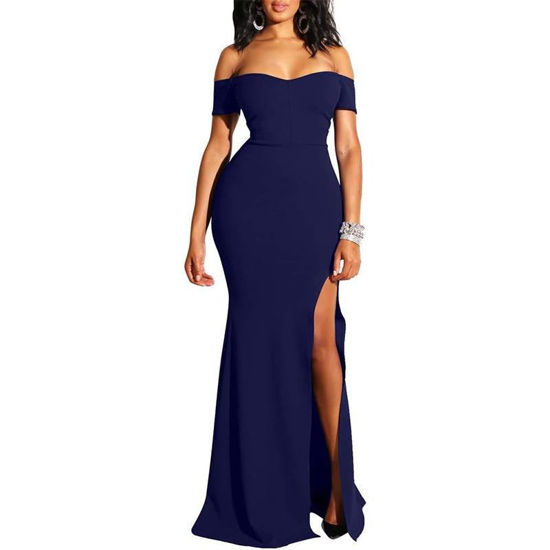 Independent Station European and American Foreign Trade Evening Dress Women's Banquet Temperament Low Chest One Word Shoulder High Split Sexy High-end