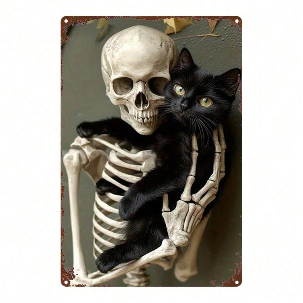 1pc Halloween Skull Black Cat Metal Sign 8x12 Inch 2D Flat Printed Iron Tin Square Wall Hanging Decor Vintage Retro Spooky