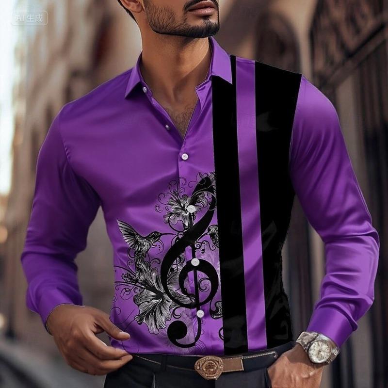 2025 Men's Striped Musical Note Dress Shirt Button Long Sleeve Fashion Casual Autumn Lapel Shirt 3D Printing Men Clothing