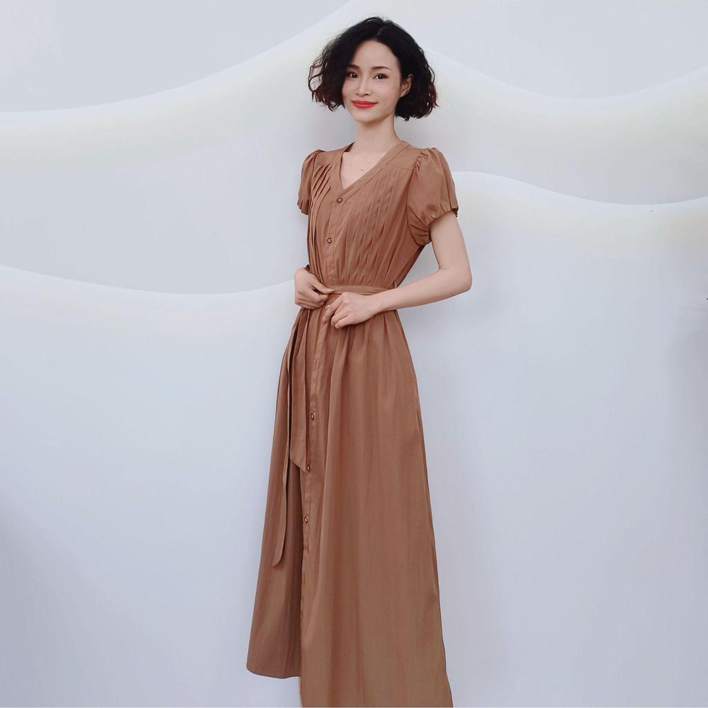 Elegant Pleated Waist-Cinched Solid Summer Dress